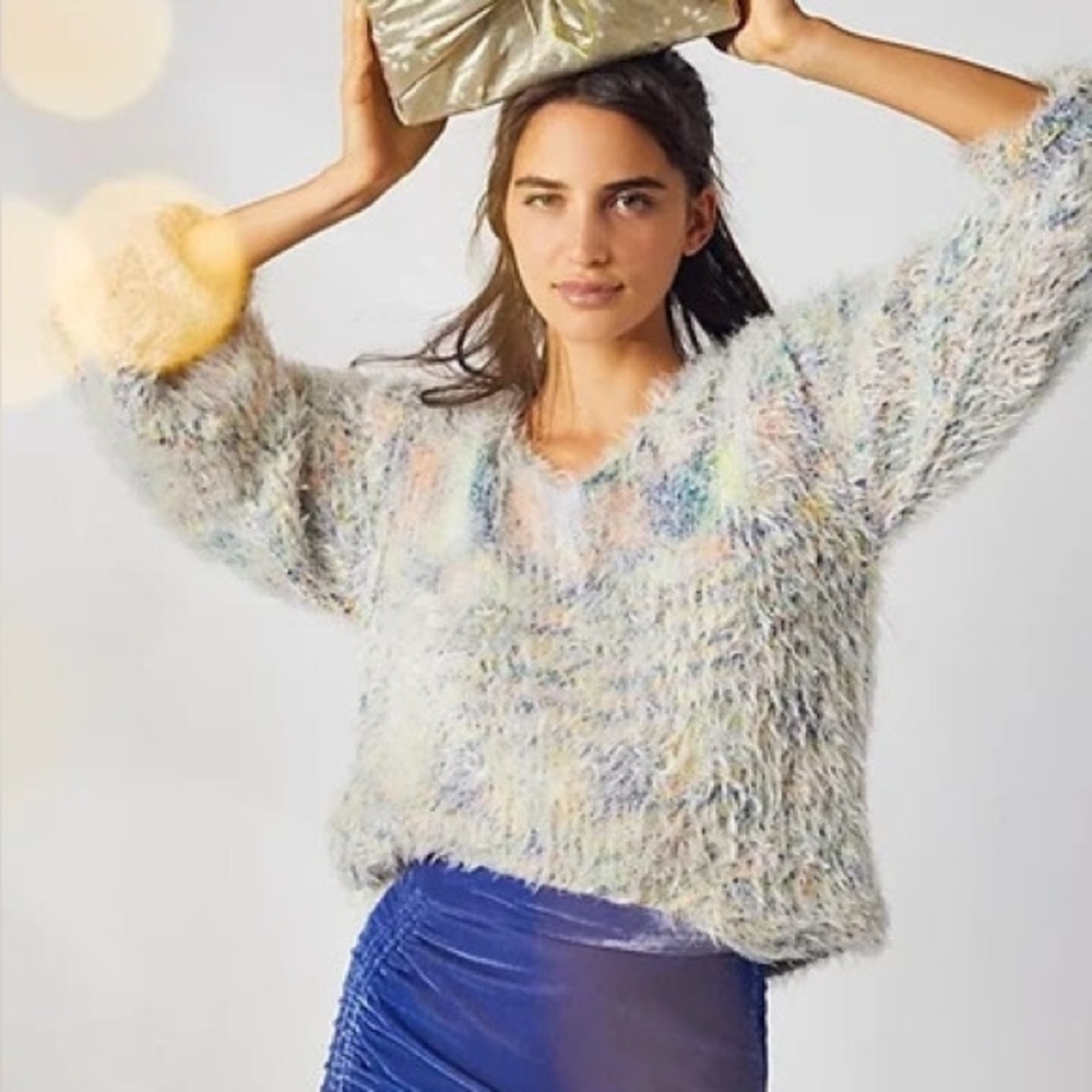 Free People oversized Cozy Multicolor Fuzzy Sweater - size large - Picture 2 of 6